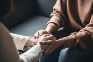 Person holds hands with therapist in bipolar disorder therapy
